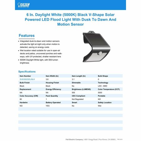 Feit Electric Motion-Sensing Solar Powered LED Black Security Light SV6/500/SOL/BLK